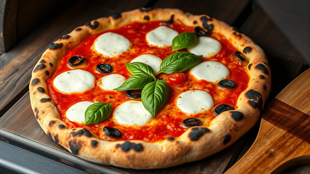 Wood-fired Neapolitan pizza with leopard-spotted charred crust, fresh mozzarella, vibrant tomato sauce, and basil leaves, just removed from 900-degree oven, dramatic char marks visible, rustic wooden serving peel nearby
