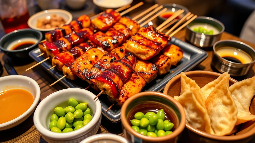 Colorful Japanese izakaya spread featuring grilled yakitori skewers with caramelized glaze, golden pan-fried gyoza dumplings, edamame in ceramic bowl, small sake glasses, ambient warm lighting reflecting off glossy surfaces
