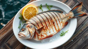 Overhead view of a pristine whole grilled fish with charred skin, surrounded by fresh lemon wedges, microgreens, and sea salt crystals on a white ceramic plate, ocean visible in soft focus background
