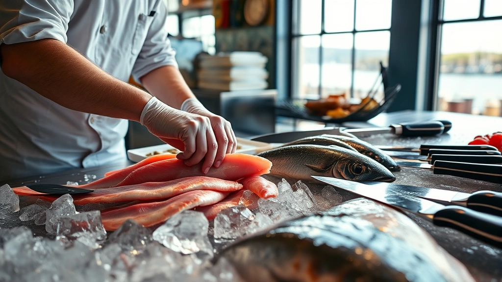 Close-up of a chef's hands carefully preparing raw seafood at a coastal restaurant counter, with fresh ice, whole fish, and professional knives visible, natural coastal light streaming through windows