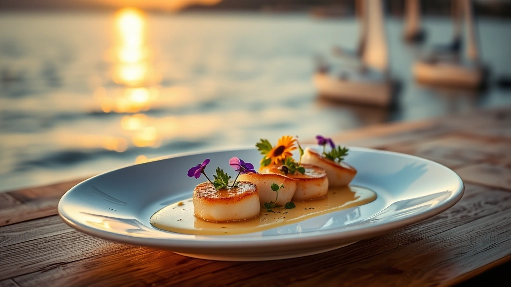 Elegant plated seafood dish featuring seared scallops, delicate sauce drizzle, edible flowers, and microgreens, photographed at golden hour with blurred ocean and sailboats in background