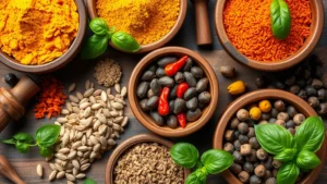 Close-up overhead shot of vibrant spices displayed in rustic wooden bowls—including turmeric, paprika, cumin seeds, coriander, and peppercorns—with fresh herbs like basil and cilantro scattered around, warm natural lighting highlighting texture and color depth