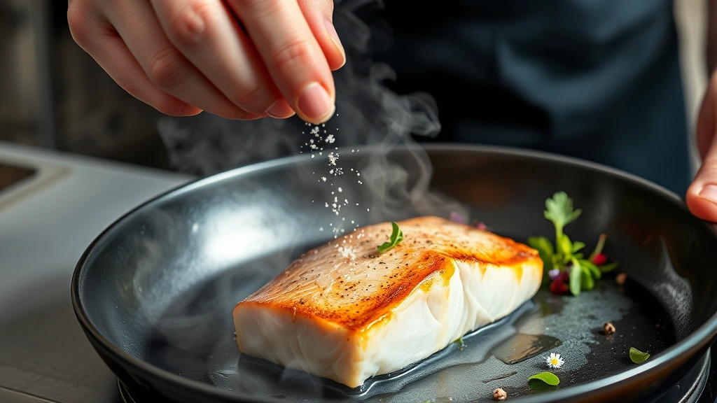 Professional chef's hands carefully seasoning a perfectly seared fish fillet with fleur de sel and fresh cracked pepper, steam rising from the hot pan, garnished with microgreens and edible flowers, capturing the precise moment of flavor enhancement