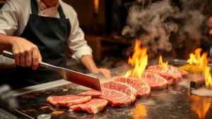 Professional teppanyaki chef skillfully slicing premium marbled beef with long metal spatulas on a hot griddle, flames visible, steam rising dramatically, Japanese restaurant setting with warm lighting