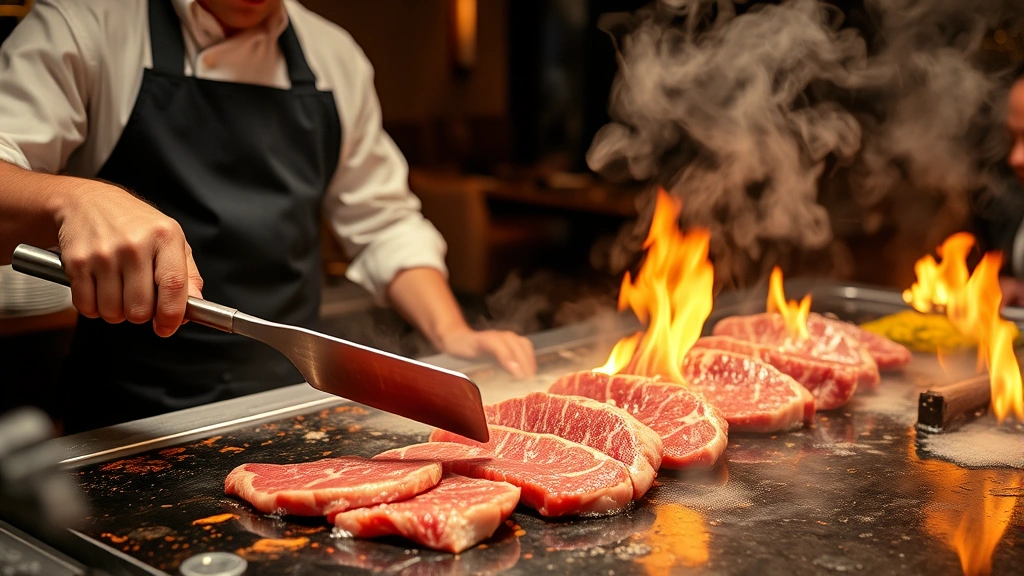 Professional teppanyaki chef skillfully slicing premium marbled beef with long metal spatulas on a hot griddle, flames visible, steam rising dramatically, Japanese restaurant setting with warm lighting