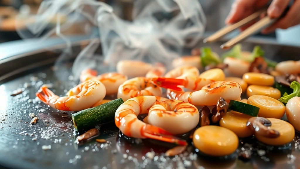Close-up of freshly cooked shrimp and scallops sizzling on hot teppanyaki griddle surface, vegetables including zucchini and mushrooms perfectly caramelized, chef's hands with metal tools visible, aromatic steam