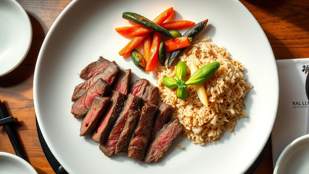 Overhead view of completed teppanyaki plate with perfectly seared beef slices arranged artfully, grilled vegetables, fried rice, and sesame seeds, white ceramic plate, natural warm lighting, Japanese restaurant ambiance
