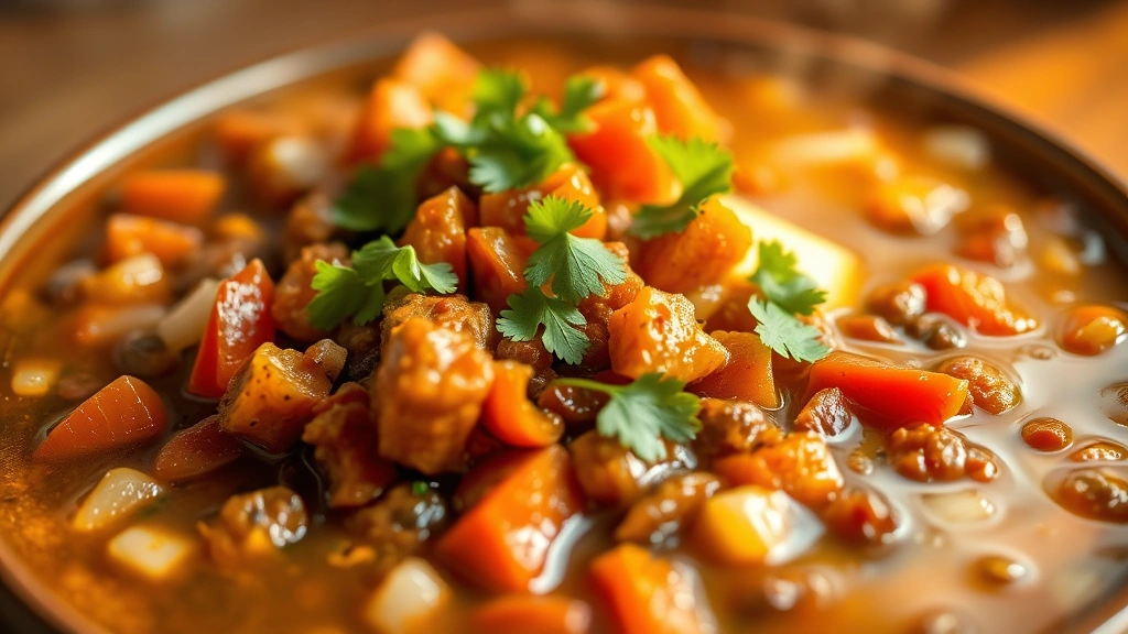 Steaming bowl of Somali Suqaar with perfectly diced caramelized meat, diced tomatoes, onions, aromatic spices, glistening with butter, garnished with fresh cilantro, warm golden lighting, shallow depth of field, close-up food photography