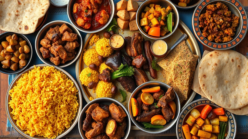 Vibrant spread of Somali dishes on communal platter: golden Baaris rice, tender meat preparations, fresh Canjeero flatbread, colorful vegetable sides, traditional ceramic serving dishes, warm ambient lighting, overhead shot showing multiple textures and colors