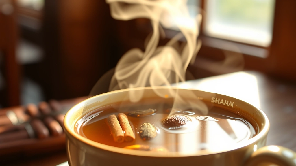 Steaming cup of traditional Somali Shaah spiced tea with visible cardamom pods, cinnamon sticks, and ginger pieces, aromatic steam rising, warm ceramic cup, soft natural window lighting, cozy dining atmosphere, shallow focus highlighting tea's rich color