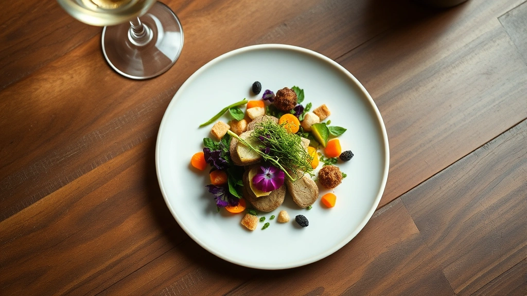 Overhead shot of an artfully plated fine dining dish with seasonal vegetables, edible flowers, and microgreens on white porcelain, wine glass visible in background, soft natural lighting, rustic wooden table surface