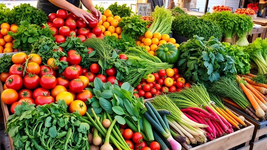 Vibrant farmers market display showing heirloom tomatoes, fresh herbs, leafy greens, and colorful root vegetables arranged on wooden crates, morning sunlight, hands selecting produce, authentic farm-fresh aesthetic