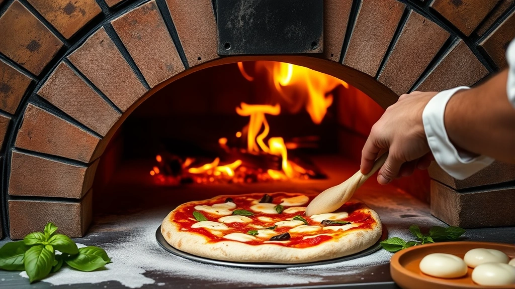 Wood-fired pizza oven interior with flames glowing, chef's hands stretching pizza dough, fresh basil and mozzarella visible nearby, warm amber lighting, professional kitchen environment, artisanal preparation in progress