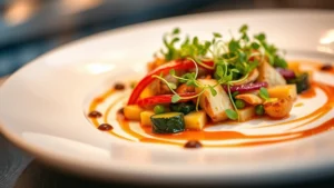 Close-up of a beautifully plated gourmet dish with vibrant vegetables, microgreens, and artistic sauce swirls on a white ceramic plate, warm professional kitchen lighting, shallow depth of field emphasizing textures