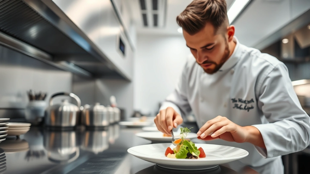 Modern restaurant kitchen with a chef carefully preparing a sophisticated dish, sous-vide equipment visible, stainless steel surfaces gleaming, focused concentration on plating technique and ingredient arrangement