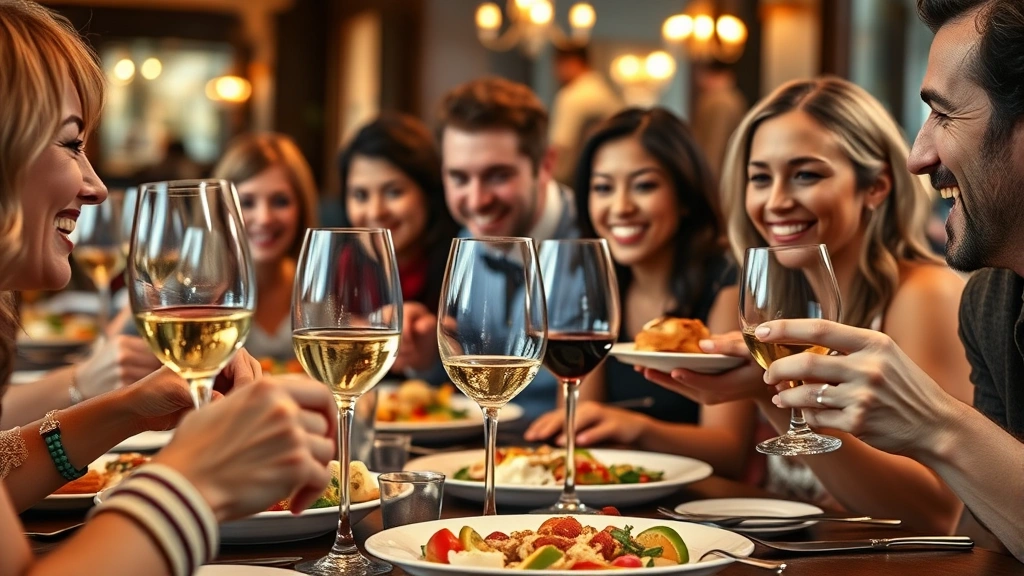 Diverse group of diners at a restaurant table enjoying meals together, genuine smiles, close-up on food being tasted, wine glasses, warm ambient restaurant lighting reflecting off faces and plates