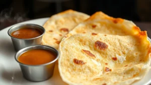 Golden-brown crispy dosa with white rice flour batter visible on edges, served on white plate with small metal containers of sambar and coconut chutney, steam rising, close-up detail of papery texture