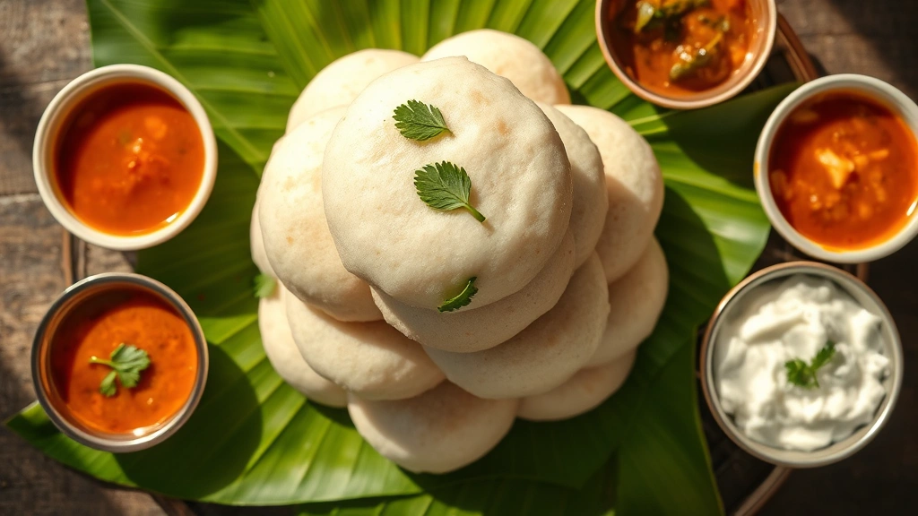Overhead view of steaming white idli cakes stacked on banana leaf, surrounded by small bowls of reddish sambar and white coconut chutney, curry leaves and cilantro garnish, morning light