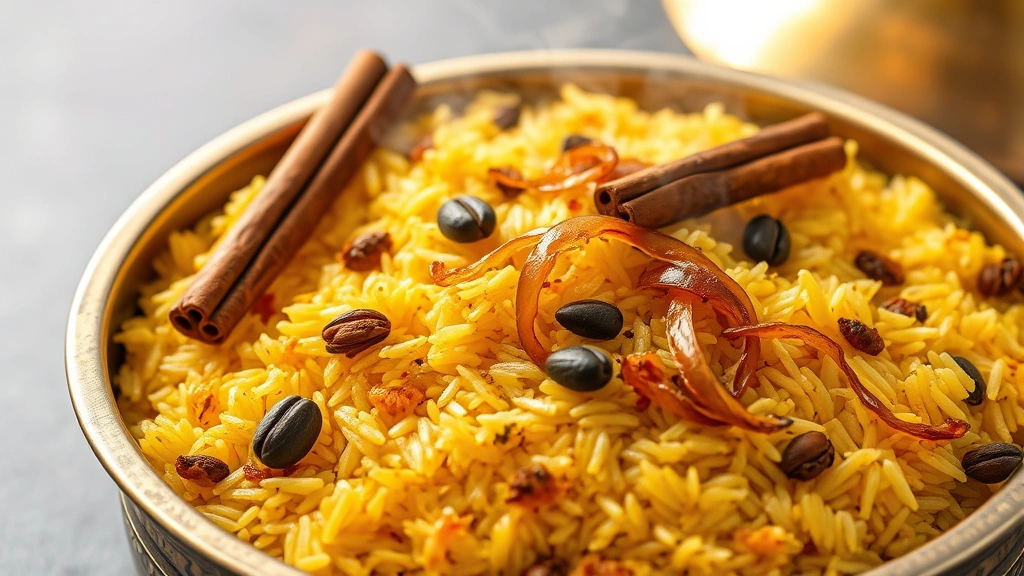 Fragrant biryani rice dish in traditional brass or copper pot, golden basmati grains visible with whole cardamom pods, cinnamon sticks, caramelized onion strands scattered on top, saffron-tinted rice, aromatic steam visible