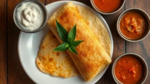 Overhead shot of golden-brown crispy dosa on white ceramic plate with white coconut chutney and red sambar in small bowls, garnished with fresh curry leaves, warm lighting