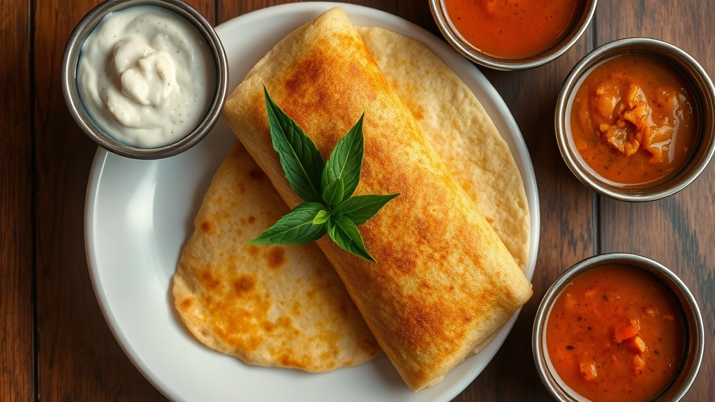 Overhead shot of golden-brown crispy dosa on white ceramic plate with white coconut chutney and red sambar in small bowls, garnished with fresh curry leaves, warm lighting