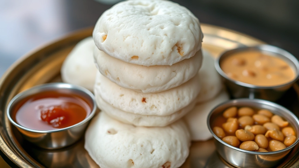 Close-up of fluffy white steamed idli cakes stacked on traditional brass plate with small portions of sambar and peanut chutney, natural daylight, shallow depth of field
