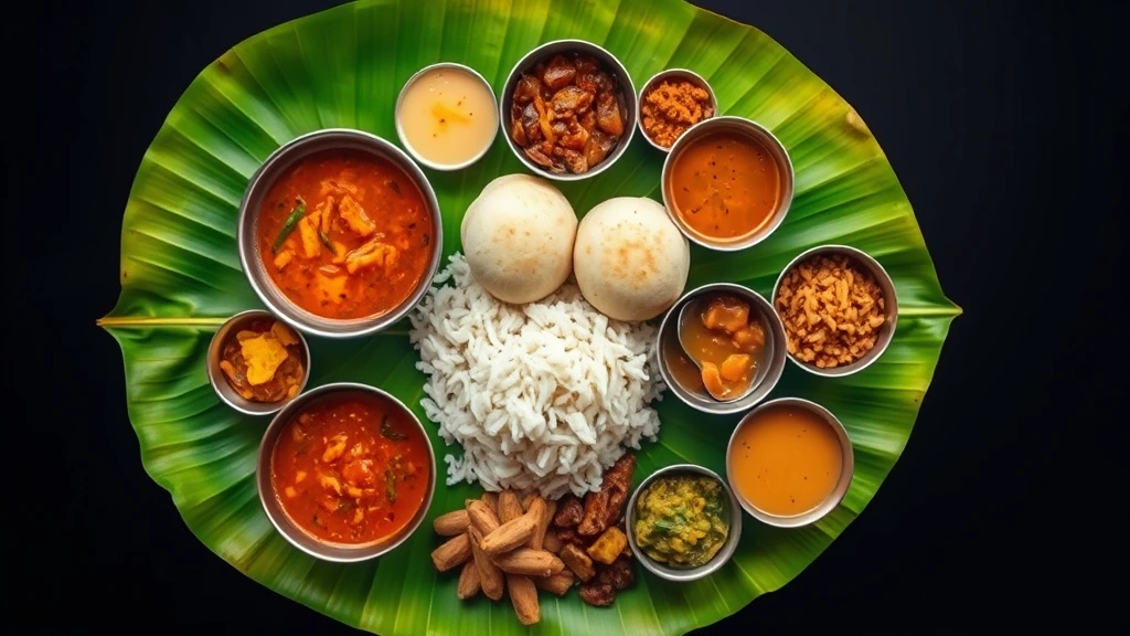 Vibrant overhead composition of traditional South Indian thali meal on banana leaf showing multiple components: dosa triangle, idli, sambar, rasam, rice, various chutneys, and payasam, studio lighting