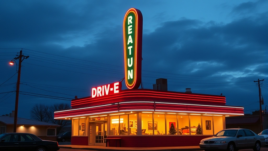 Classic retro drive-in restaurant exterior with neon signage glowing at dusk, vintage American automotive aesthetic, parked cars visible, warm nostalgic lighting, authentic 1950s-1960s architectural style