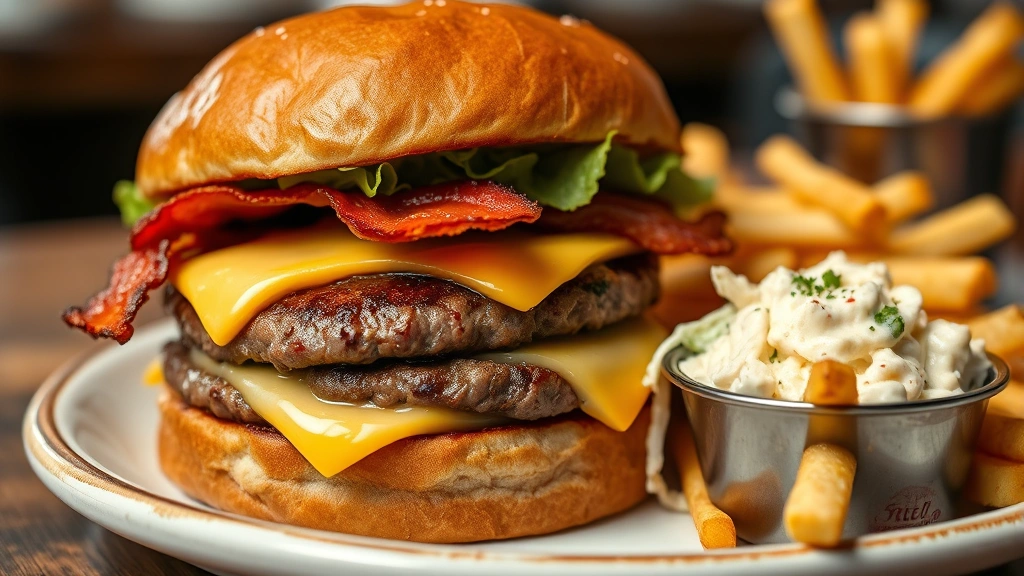 Close-up of gourmet burger with perfectly seared beef patty, melted cheese, crispy bacon, fresh lettuce and tomato, golden toasted bun, served on classic diner plate with golden French fries and creamy coleslaw