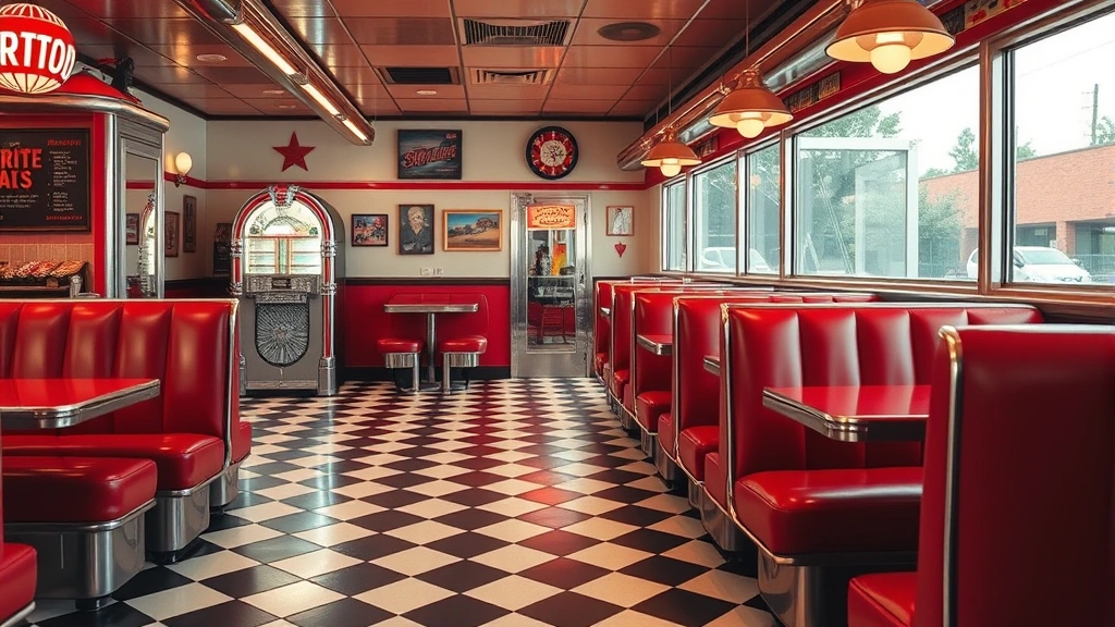 Interior of vintage drive-in diner with checkered floor, red vinyl booth seating, chrome fixtures, classic jukebox visible, warm ambient lighting, retro Americana decor, casual family dining atmosphere