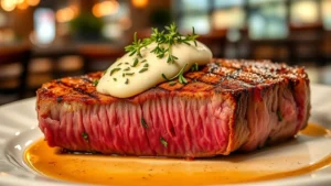 Perfectly seared prime beef ribeye steak with golden crust and pink center, topped with compound herb butter melting across surface, garnished with fresh thyme sprigs, served on warm white plate with soft bokeh restaurant lighting in background