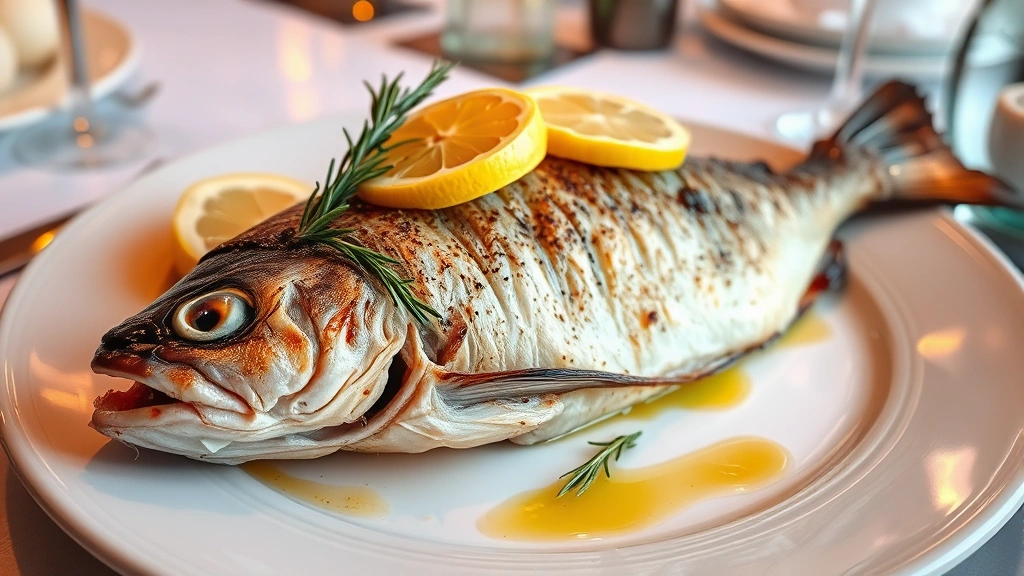Whole roasted branzino fish with crispy skin, fresh lemon slices and rosemary arranged artfully on plate, olive oil drizzle visible, served at elegant upscale restaurant with warm ambient lighting reflecting off plate