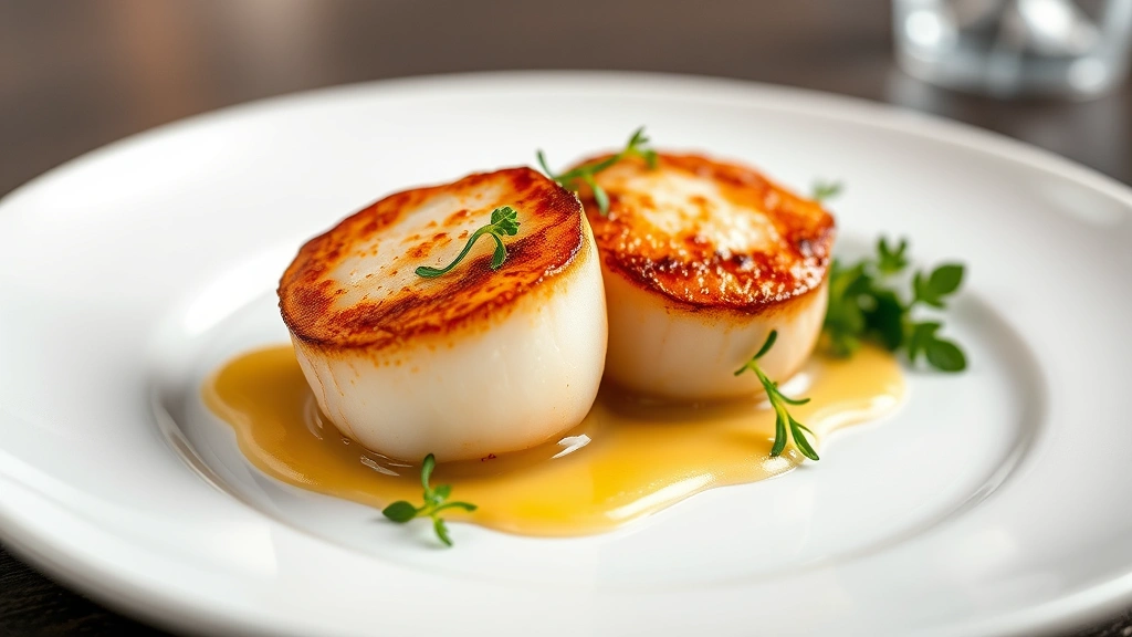 Diver scallops with golden seared crust on both sides, arranged on minimalist white ceramic plate with microgreens and citrus foam, professional fine dining presentation with shallow depth of field