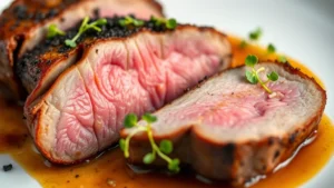 Close-up of perfectly seared duck breast with crispy skin and pink interior, garnished with microgreens and sauce reduction on white ceramic plate, soft lighting highlighting texture