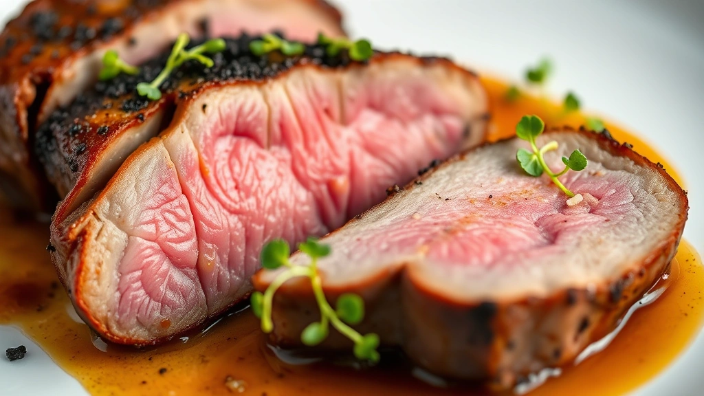 Close-up of perfectly seared duck breast with crispy skin and pink interior, garnished with microgreens and sauce reduction on white ceramic plate, soft lighting highlighting texture