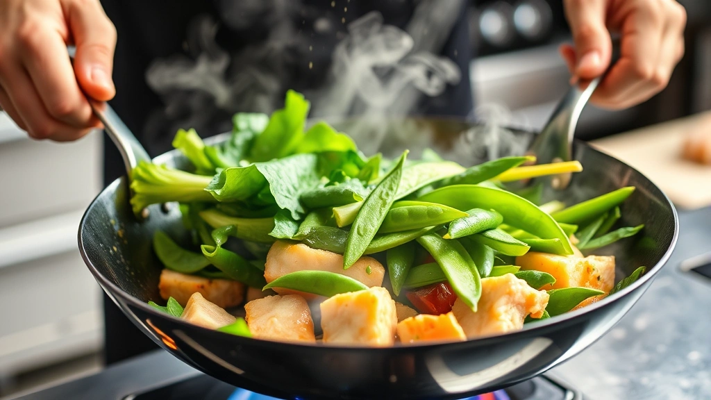 Steaming wok tossing fresh vegetables and protein, flames visible, chef's hands gripping handles, vibrant colors of bok choy and snap peas mid-flip, professional kitchen background