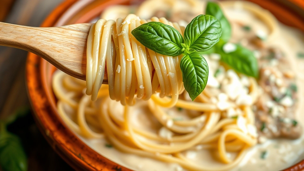 Handmade fresh pasta strands draped over wooden fork, creamy sauce coating noodles, garnished with fresh basil leaf and parmesan shavings, rustic Italian plating on earthenware dish