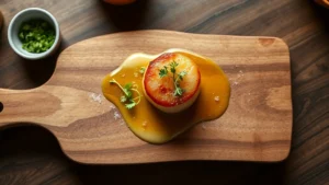 Overhead view of a rustic wooden cutting board displaying a perfectly seared scallop with brown butter foam, microgreens, and sea salt, restaurant kitchen setting, soft natural light, photorealistic