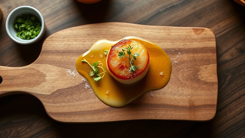 Overhead view of a rustic wooden cutting board displaying a perfectly seared scallop with brown butter foam, microgreens, and sea salt, restaurant kitchen setting, soft natural light, photorealistic