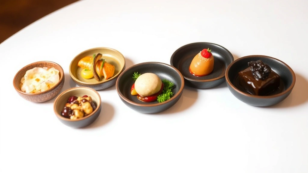 Artistic presentation of a multi-course tasting menu progression showing five small plates with contrasting colors and textures—from delicate fish tartare to rich chocolate preparation, white tablecloth setting, professional food photography lighting