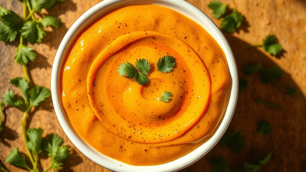 Close-up overhead shot of creamy chipotle sauce with visible smoke-colored swirls and fresh cilantro leaves scattered on white ceramic plate, warm studio lighting casting soft shadows, photorealistic condiment photography
