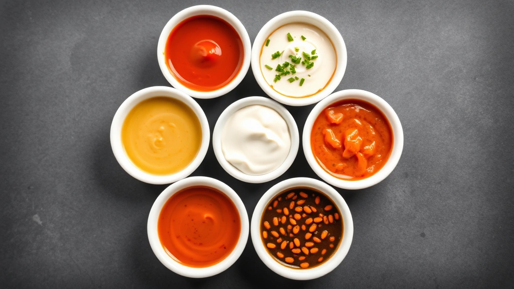 Professional flat-lay composition featuring five different subway sauce varieties in small white bowls arranged in circular pattern: buffalo red sauce, creamy ranch, golden honey mustard, dark sriracha, and chipotle orange, natural diffused lighting