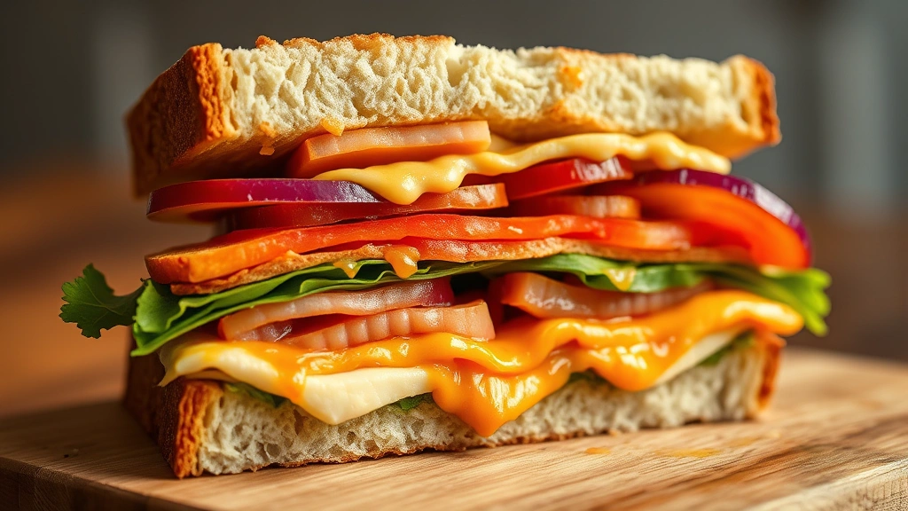Artisanal sandwich cross-section showing layers of proteins, vegetables, and vibrant sauce distribution with visible texture contrast between creamy and tangy elements, warm golden bakery lighting, food styling magazine quality