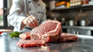 Professional chef inspecting fresh premium beef cuts on stainless steel counter, natural kitchen lighting, close-up of marbling and texture detail, artisanal food preparation environment