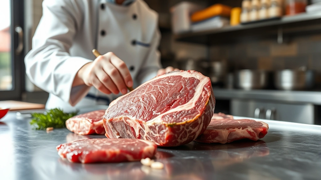 Professional chef inspecting fresh premium beef cuts on stainless steel counter, natural kitchen lighting, close-up of marbling and texture detail, artisanal food preparation environment