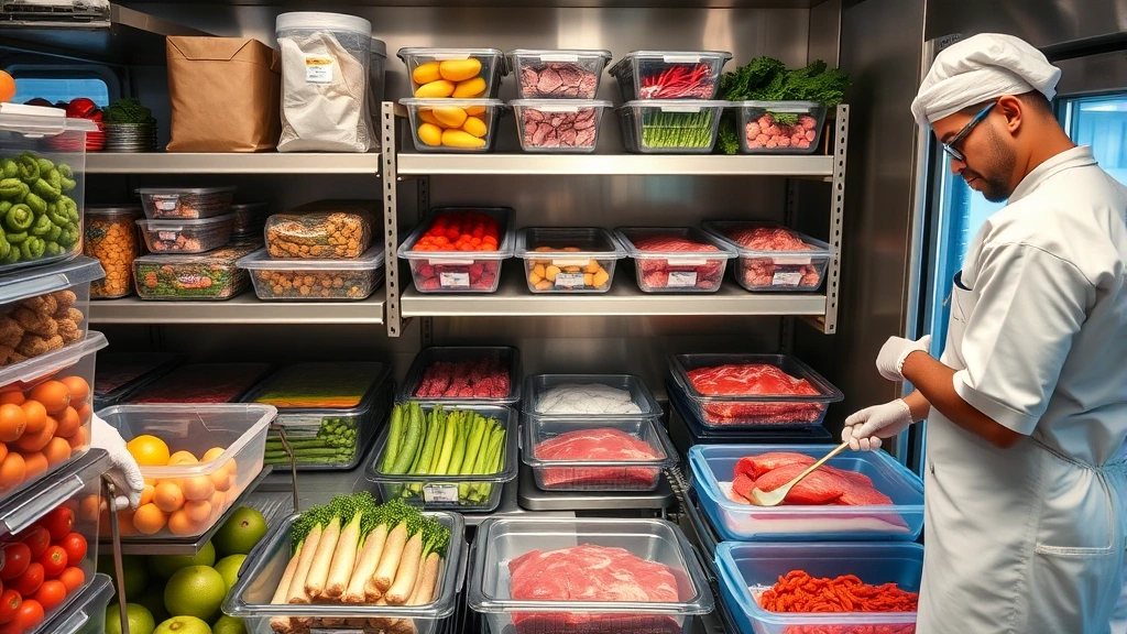 Organized restaurant kitchen storage with clearly arranged produce, proteins in sealed containers, cold storage units, professional food handler wearing gloves organizing inventory efficiently