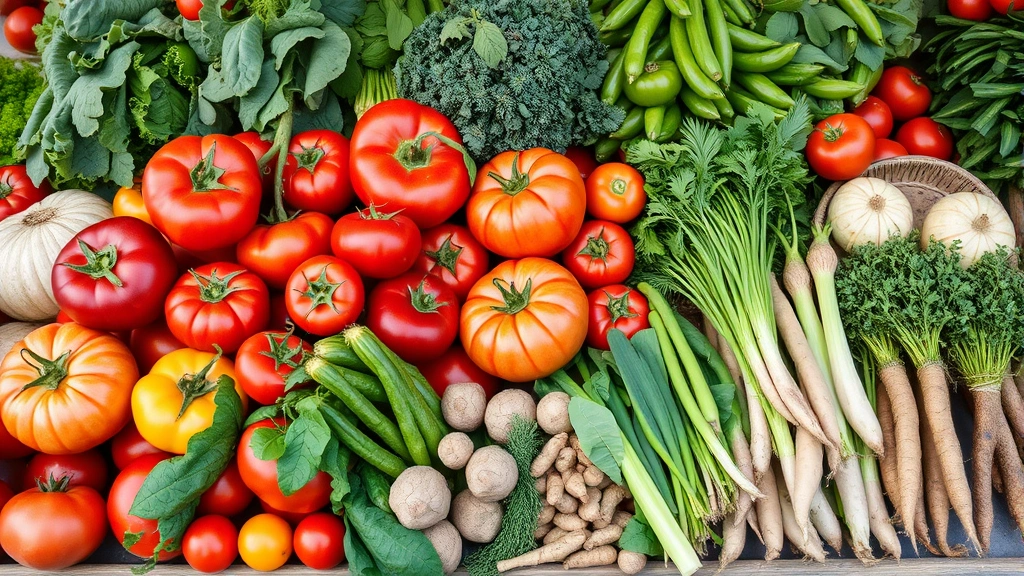 Vibrant farmers market display of seasonal fresh produce including heirloom tomatoes, leafy greens, root vegetables, and herbs arranged artfully showing peak freshness and quality