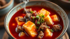 Close-up of mapo tofu in spicy numbing sauce with silken tofu cubes, ground pork, and glistening chili oil, steam rising from the bowl, vibrant red color, garnished with green onion, professional food photography, warm kitchen lighting, shallow depth of field