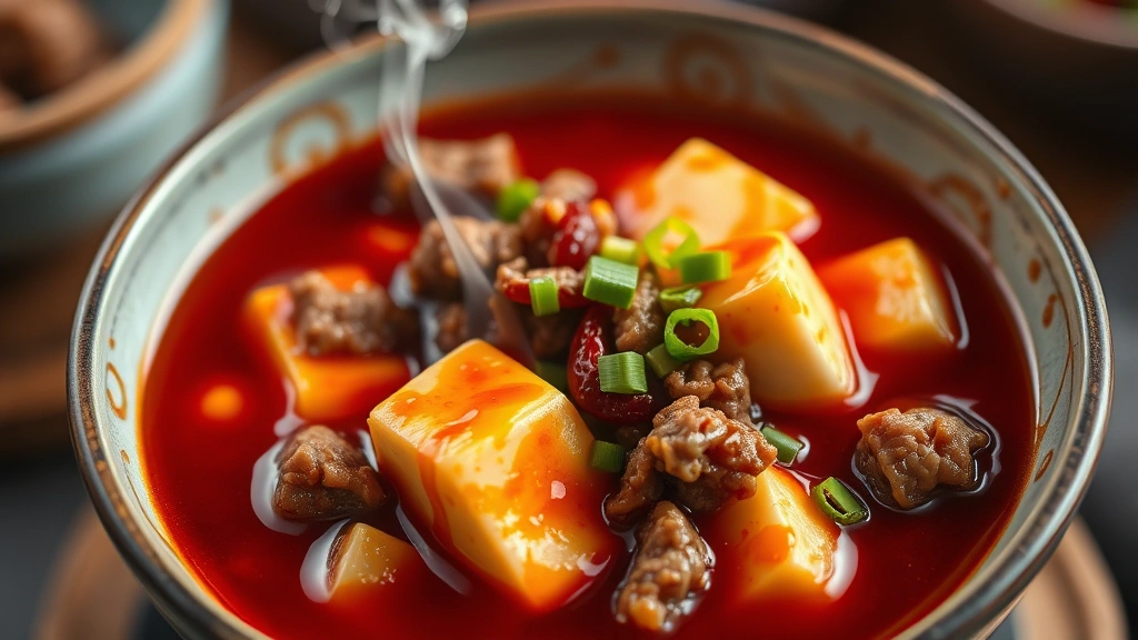 Close-up of mapo tofu in spicy numbing sauce with silken tofu cubes, ground pork, and glistening chili oil, steam rising from the bowl, vibrant red color, garnished with green onion, professional food photography, warm kitchen lighting, shallow depth of field