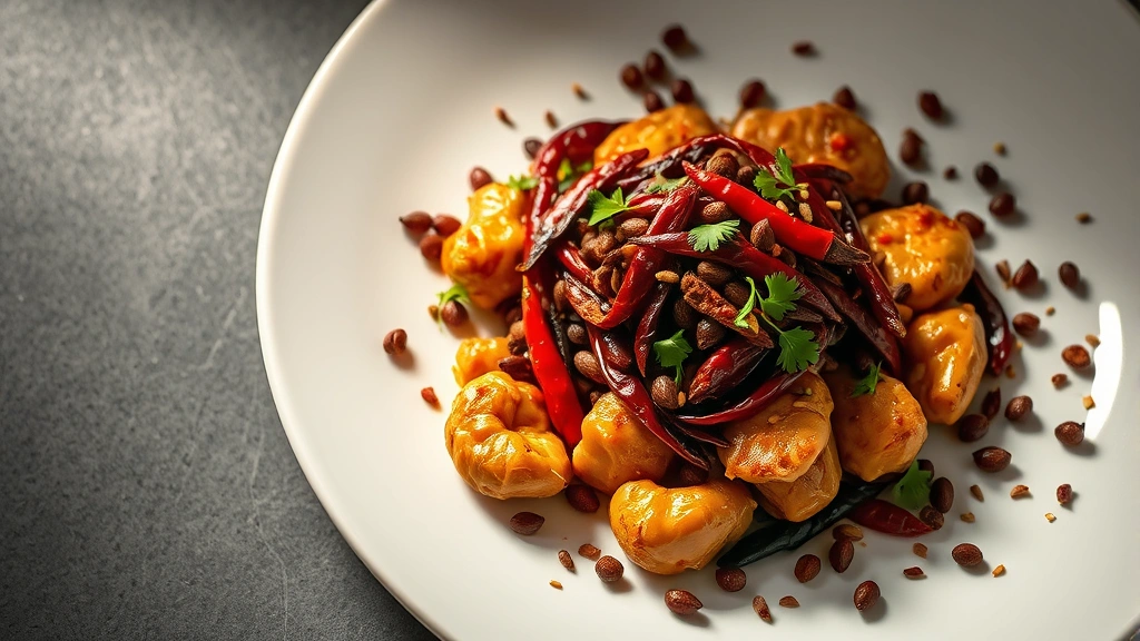 Overhead shot of Chongqing chicken dish with bite-sized chicken pieces buried beneath mound of dried red chilies and whole Sichuan peppercorns, scattered on white plate, dramatic lighting, food styling, garnished with sesame seeds and cilantro, restaurant quality photography